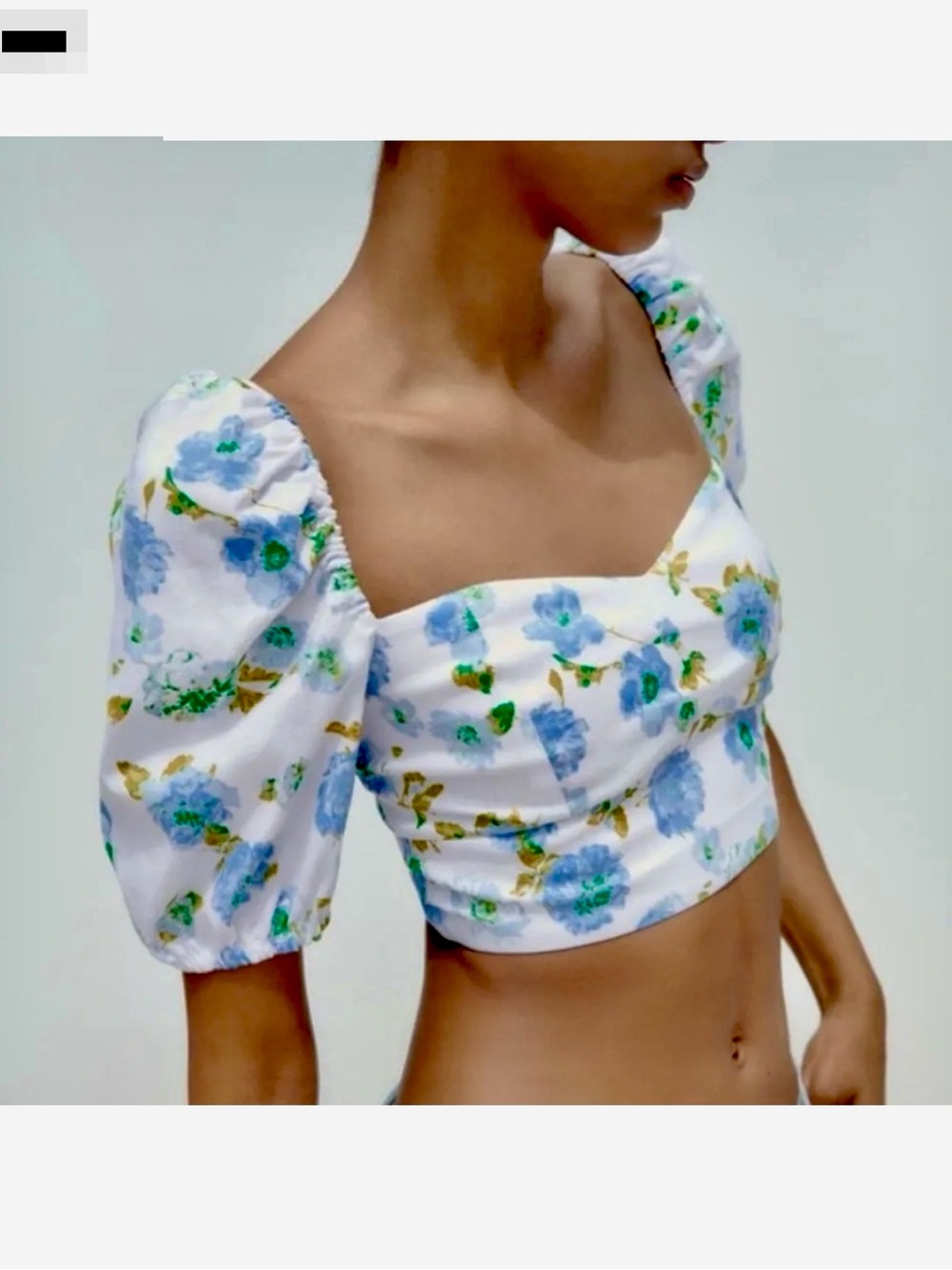 Zara Puff-Sleeve Cropped Top in White and Blue Floral size XS